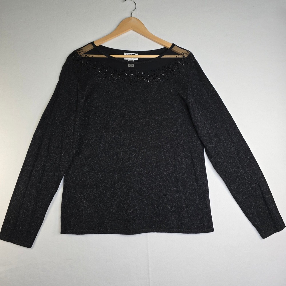 Chicos Design Black Metallic Shimmer Knit Top Sheer Beaded Neckline Size 3 XL